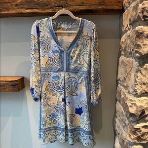 Hale Bob Light Blue Paisley V-Neck Mini Dress